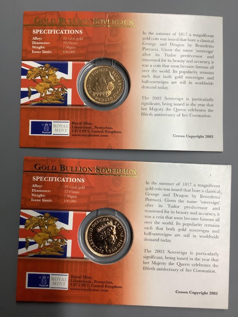 Two Elizabeth II gold sovereigns, Royal Mint issues - Coronation Anniversary Year, 2003.